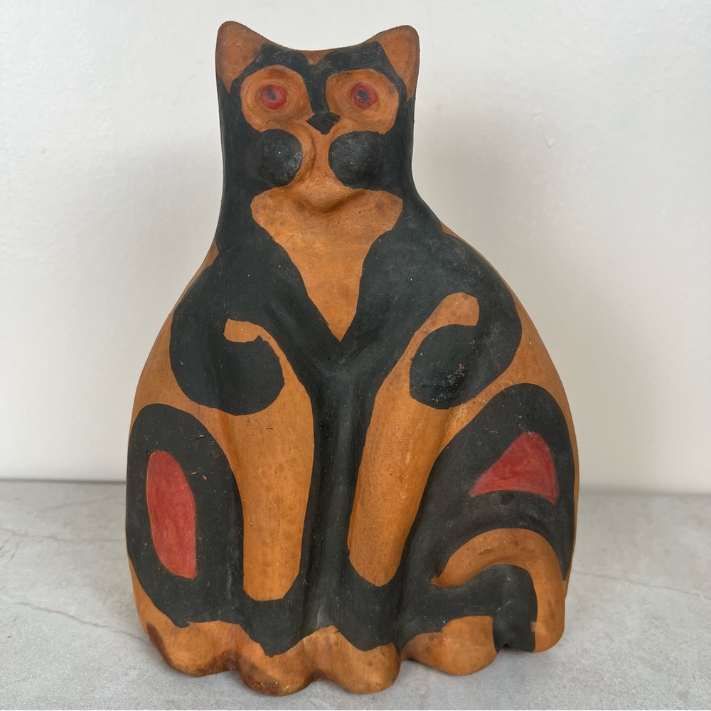 Vintage Terracotta Clay Pottery Cat Vase Handmade